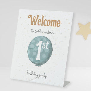 Cute Simple Blue Balloon 1st Birthday Welcome Pedestal Sign