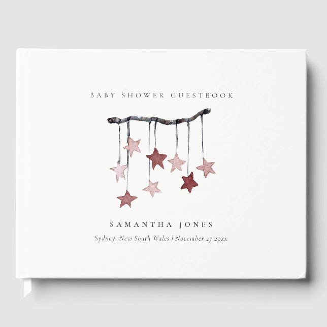 Cute Simple Blush Pink Star Mobile Baby Shower Guest Book (Front)