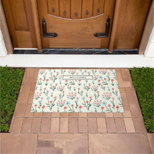 Cute Simple Botanical Pink Blue Flower Floral Doormat