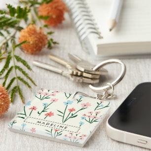 Cute Simple Botanical Pink Blue Flower Floral Key Ring
