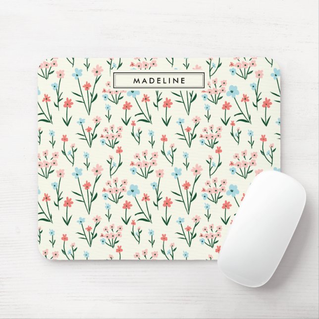 Cute Simple Botanical Pink Blue Flower Floral Mouse Mat (With Mouse)