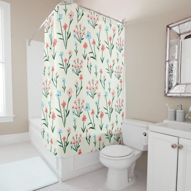 Cute Simple Botanical Pink Blue Flower Floral Shower Curtain (In Situ)