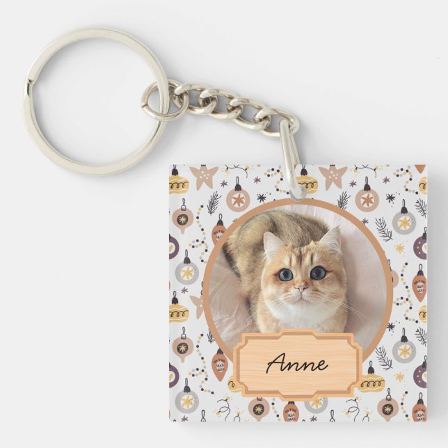  cute simple christmas holiday Custom cat Photo  Key Ring (Front)