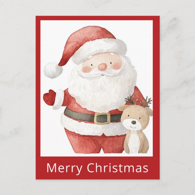 Cute Simple Christmas Watercolor Santa Reindeer Postcard (Front)