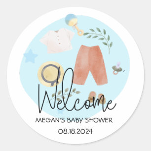 Cute Simple Clothes Blue Baby Shower Welcome Classic Round Sticker