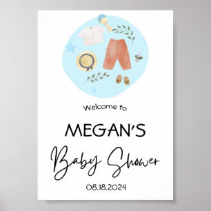 Cute Simple Clothes Blue Baby Shower Welcome Poster