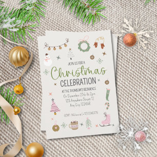 Cute Simple Cosy Winter Pink Green Christmas Party Invitation