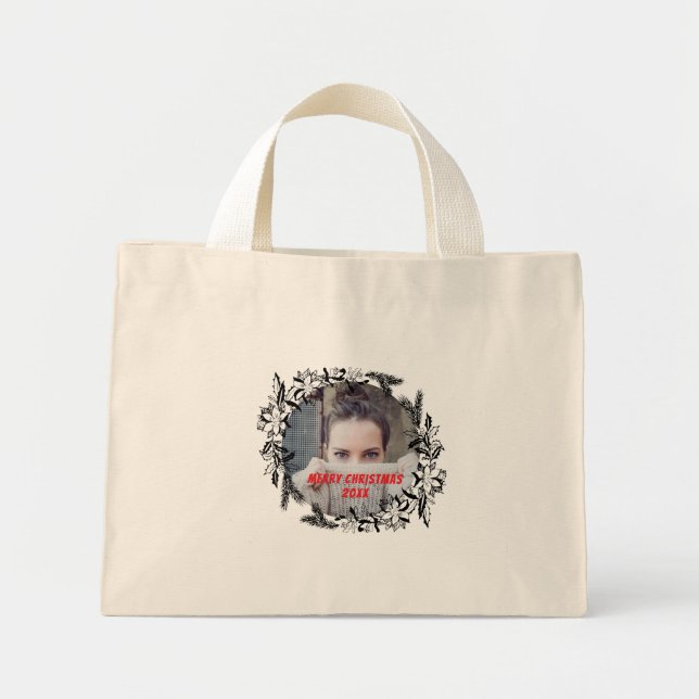 Cute Simple Custom Christmas Wreath Photo  Mini Tote Bag (Front)