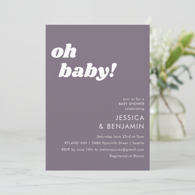 Cute Simple Dusty Purple Modern Oh Baby Shower Invitation (Standing Front)