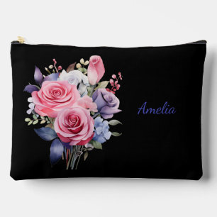 Cute Simple Elegant Black With Flowers Accessory Pouch