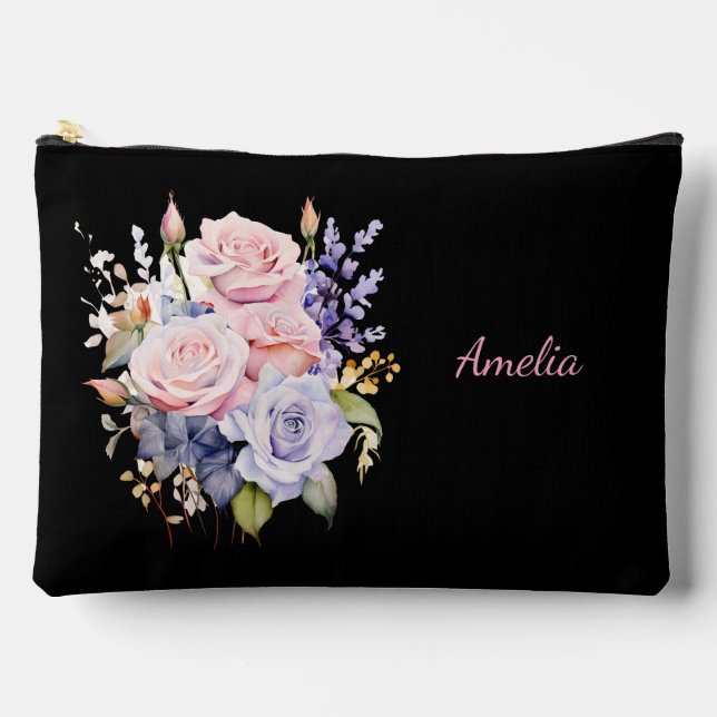 Cute Simple Elegant Black With Flowers Accessory Pouch (Front)