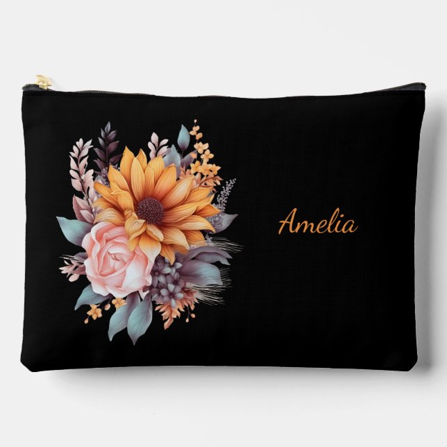 Cute Simple Elegant Black With Flowers Accessory Pouch (Front)