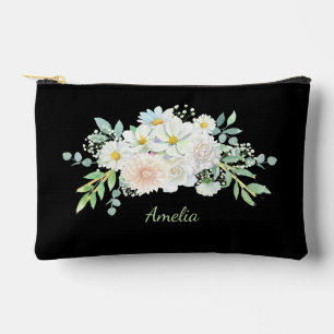 Cute Simple Elegant Black With Flowers Accessory Pouch