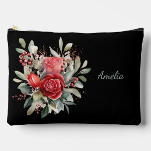 Cute Simple Elegant Black With Flowers Accessory Pouch