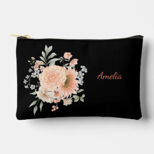 Cute Simple Elegant Black With Flowers Accessory Pouch