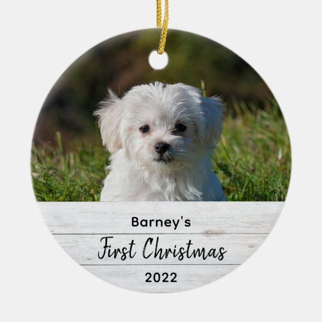 Cute Simple First Christmas Rustic Wood Pet Photo Ceramic Tree Decoration (Front)