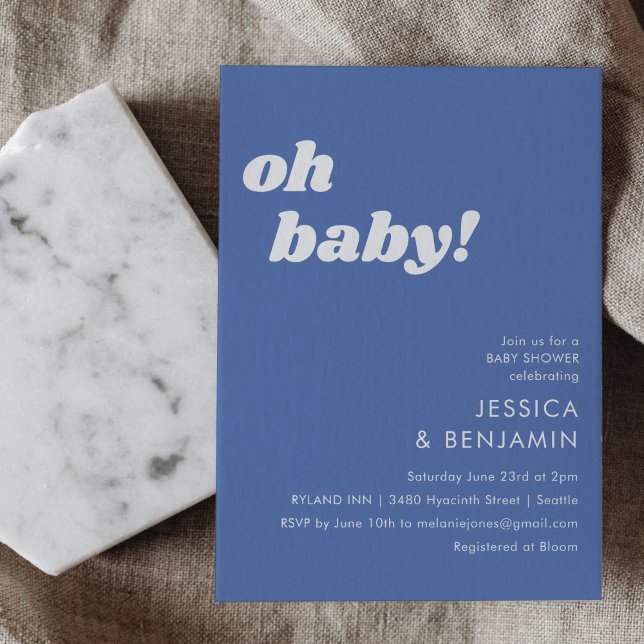 Cute Simple French Blue Modern Oh Baby Shower Invitation (Creator Uploaded)