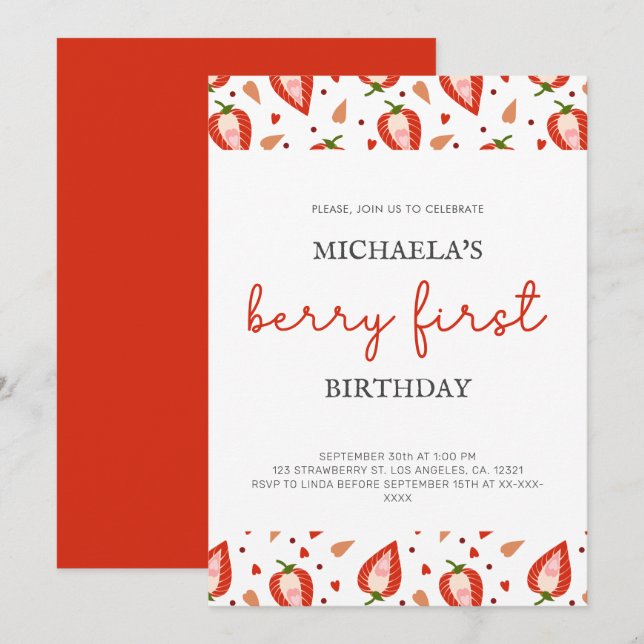 Cute Simple Girl Berry First Birthday Invitation (Front/Back)