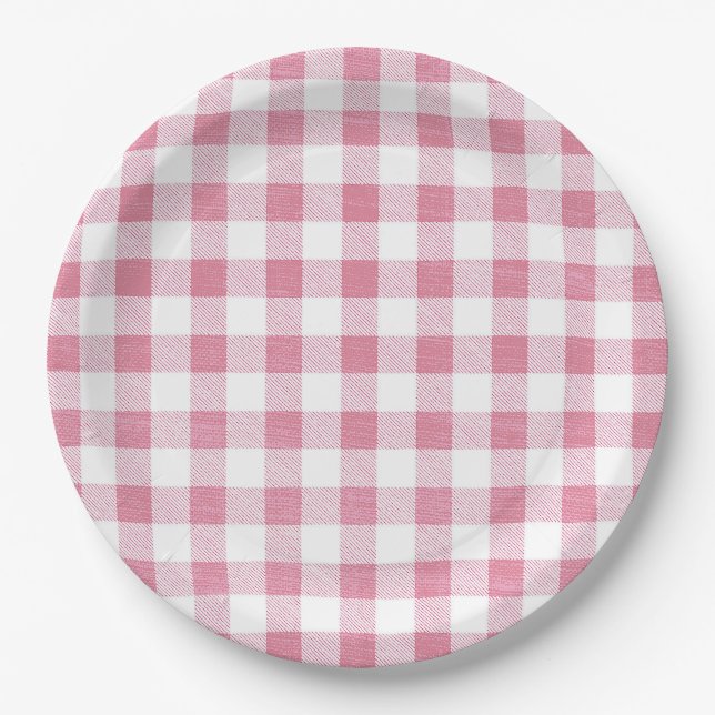Cute Simple Girly Preppy Pink Gingham Plaid  Paper Plate (Front)