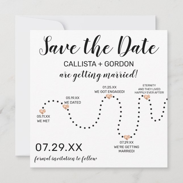 Cute Simple Gold Black White Timeline Wedding Save The Date (Front)