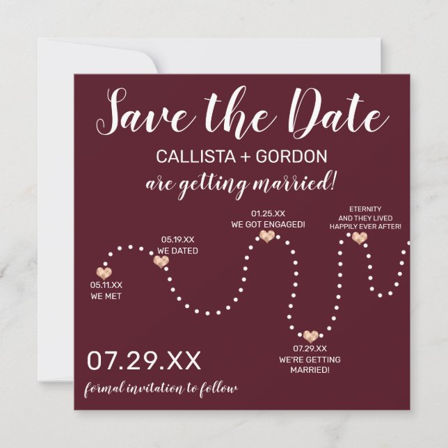 Cute Simple Gold Burgundy Timeline Wedding Save The Date (Front)