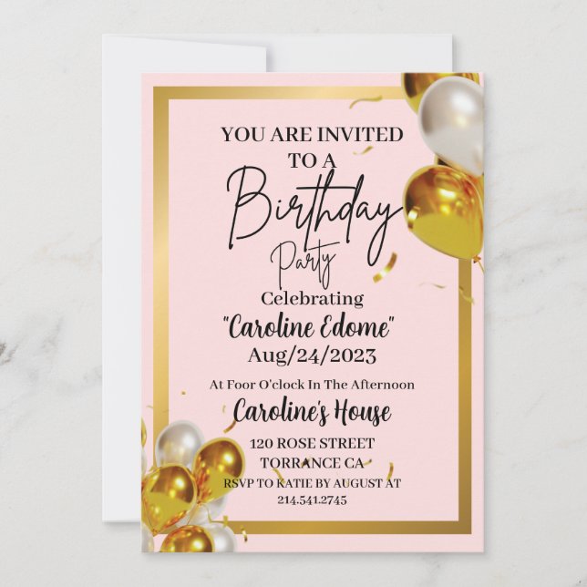 Cute Simple Gold & Pink Birthday Invitation (Front)