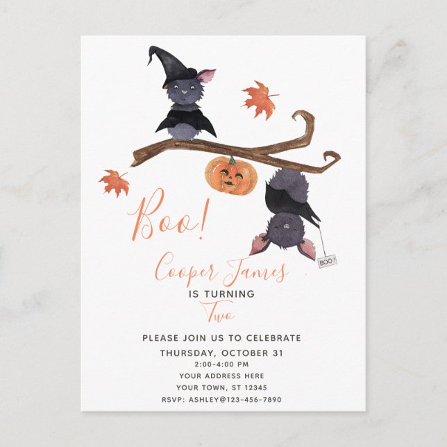 Cute Simple Halloween Bats Child's 2nd Birthday Invitation Postcard (Front)