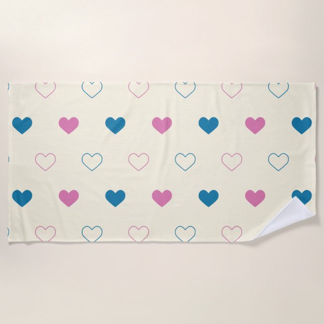 Cute Simple Heart Pattern blue pink cream Beach Towel (Front)
