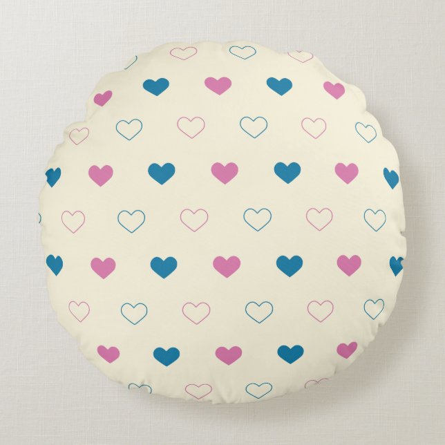 Cute Simple Heart Pattern blue pink cream Round Cushion (Front)