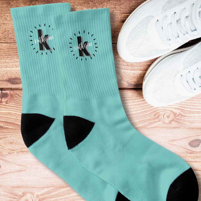 Cute Simple Initial Monogrammed Socks (Cute Simple Teal Turquoise Initial Monogrammed Socks)