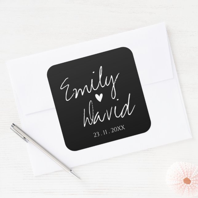 Cute Simple Minimalist Black and White Wedding Squ Square Sticker (Envelope)