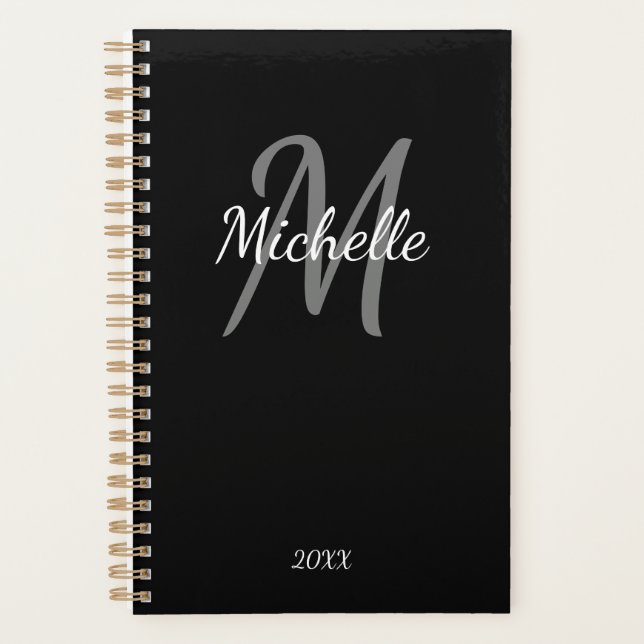 Cute Simple Modern Black & White Custom Monogram Planner (Front)