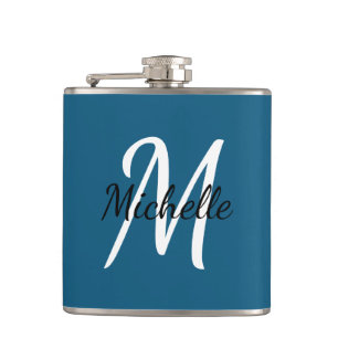 Cute Simple Modern Blue Monogram Hip Flask