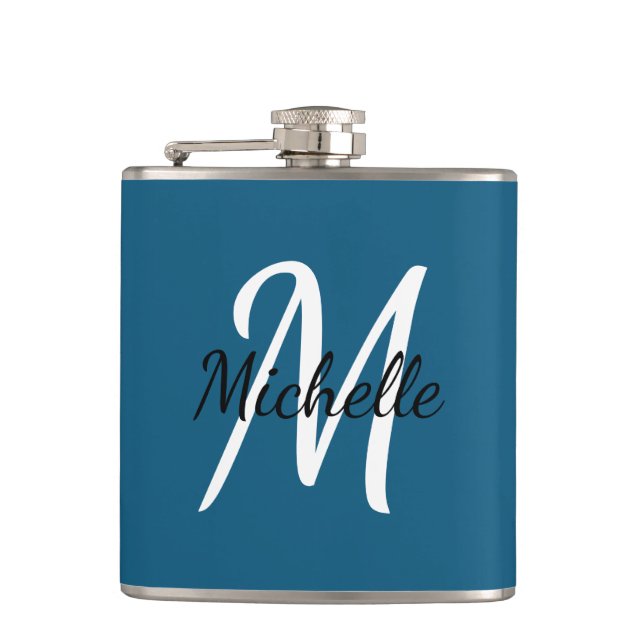 Cute Simple Modern Blue Monogram Hip Flask (Front)