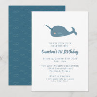 Cute Simple Narwhal Ocean Blue 1st Birthday Party