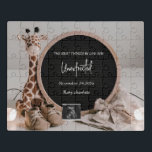 Cute simple neural digital pregnancy announcement  jigsaw puzzle<br><div class="desc">A simple neutral scene prefect for pregnancy announcement featuring a cute giraffe sitting next to a letter board. Social media pregnancy reveal. giraffe pregnancy announcement,  neutral tones,  letter board,  minimalist,  elegant pregnancy reveal,  customisable announcement.</div>
