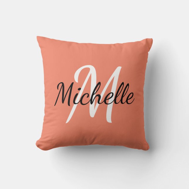 Cute Simple Orange Monogram Initials + Name Cushion (Front)