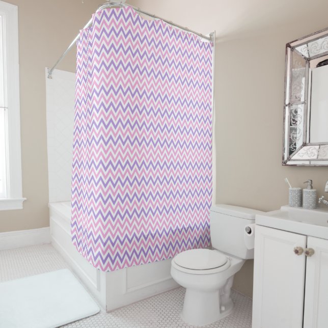 Cute Simple Pink and Purple Geometric Line Pattern Shower Curtain (In Situ)