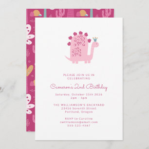 Cute Simple Pink Dinosaur 2nd Birthday Invitation