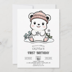 Cute Simple Polar Bear 1st Birthday Digital Invitation