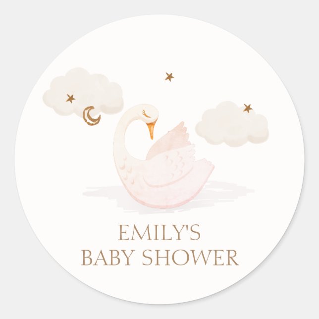 Cute Simple Princess Swan Moon Star Baby Shower Classic Round Sticker (Front)
