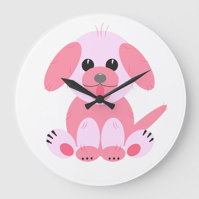 Cute Simple Puppy Dog Pink Cartoon Girl Large Clock (Front)