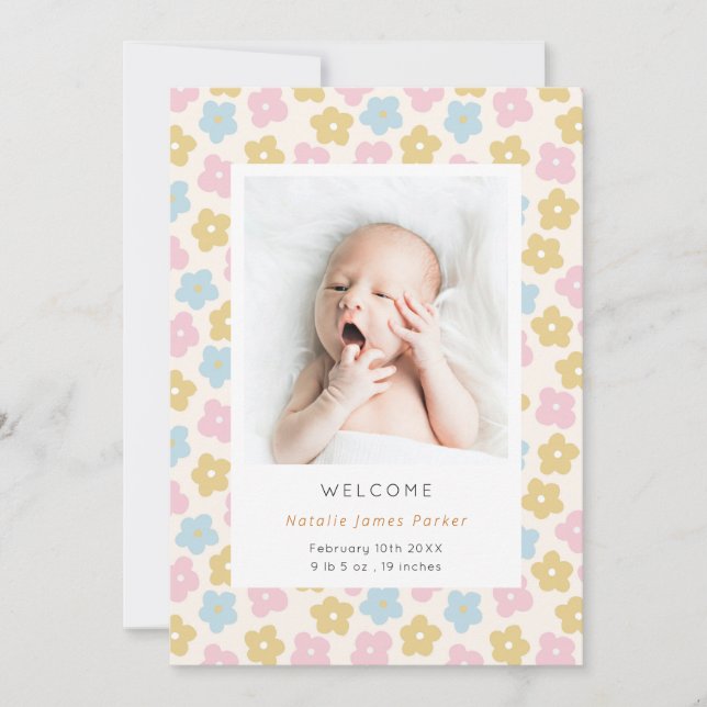 Cute Simple Rainbow Floral Watercolor Birth Announcement (Front)