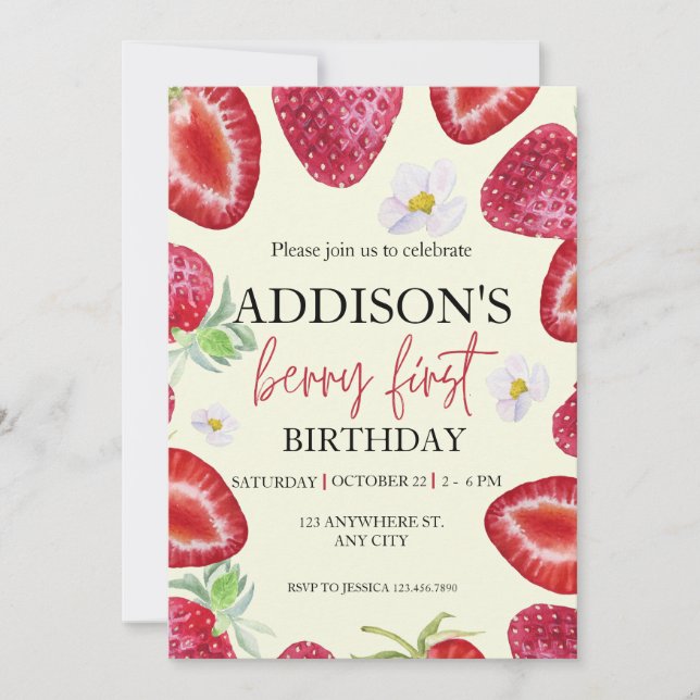 Cute Simple Red Blue Berry Sweet 1st Birthday Invitation (Front)