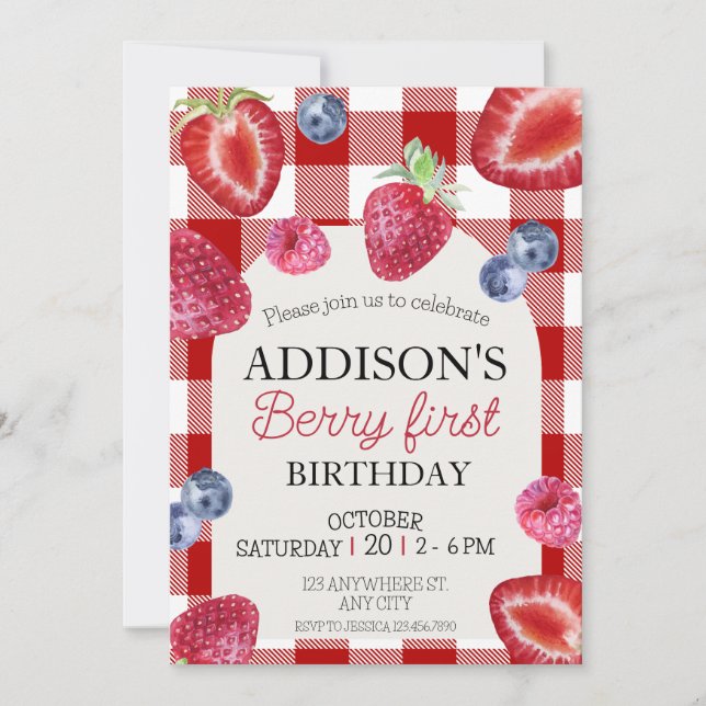 Cute Simple Red Blue Berry Sweet 1st Birthday Invitation (Front)
