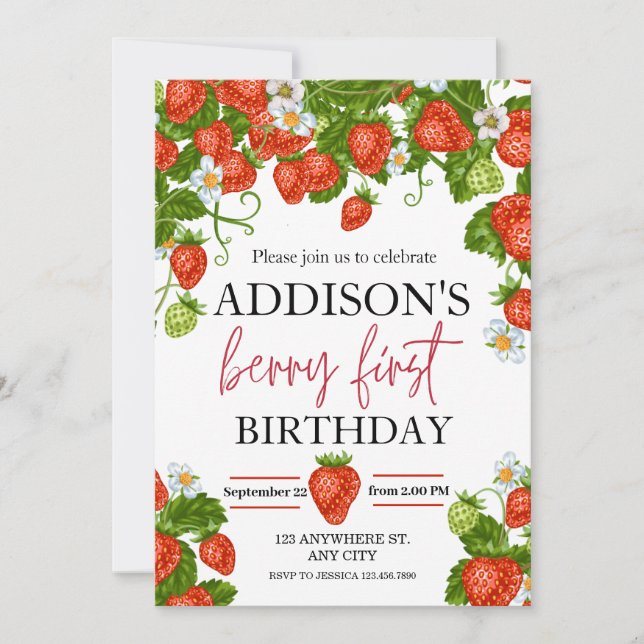 Cute Simple Red Blue Berry Sweet 1st Birthday Invitation (Front)