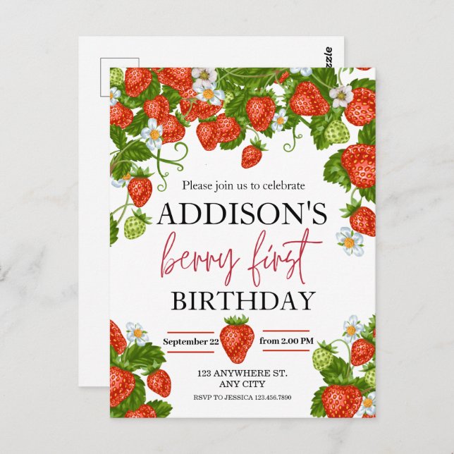 Cute Simple Red Blue Berry Sweet 1st Birthday Postcard (Front/Back)