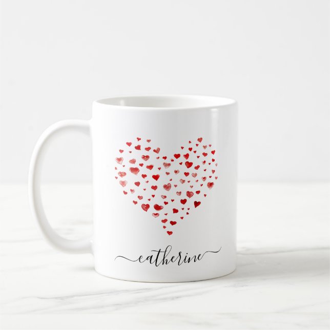 Cute Simple Red Watercolor Hearts Name Coffee Mug (Left)