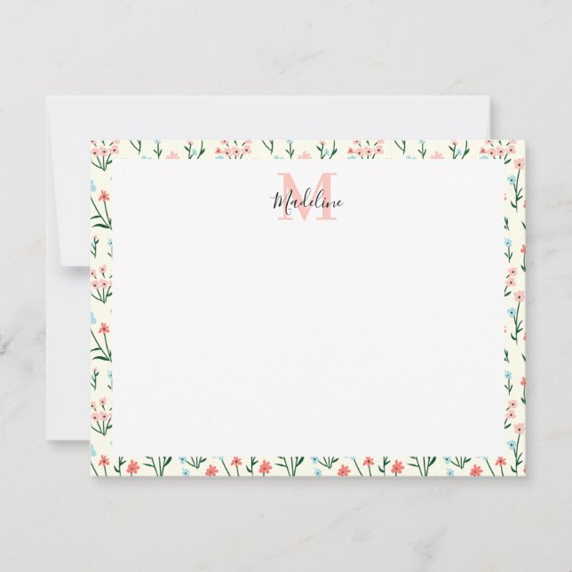 Cute Simple Rose Flower Pink Monogram Name Card (Front)