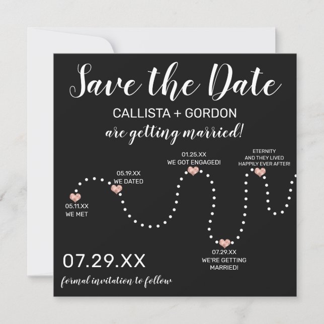 Cute Simple Rose Gold White Black Timeline Wedding Save The Date (Front)